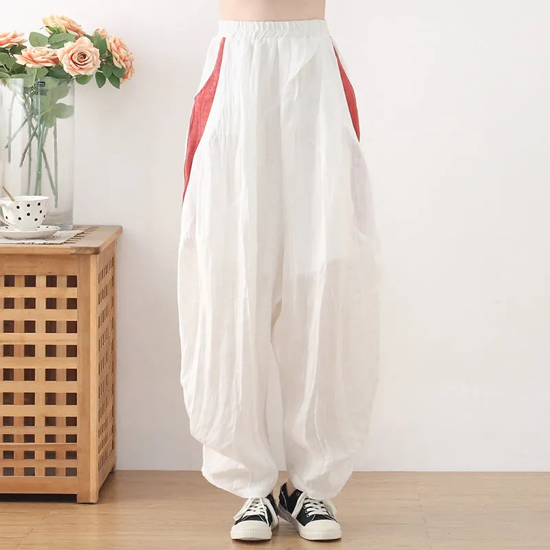 Women Loose Crinkled Color Block Linen Pants