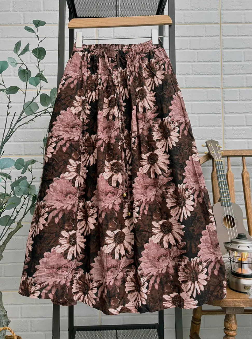 Vintage Cotton Retro Floral A-Line Loose Elastic Waist Thick Dress