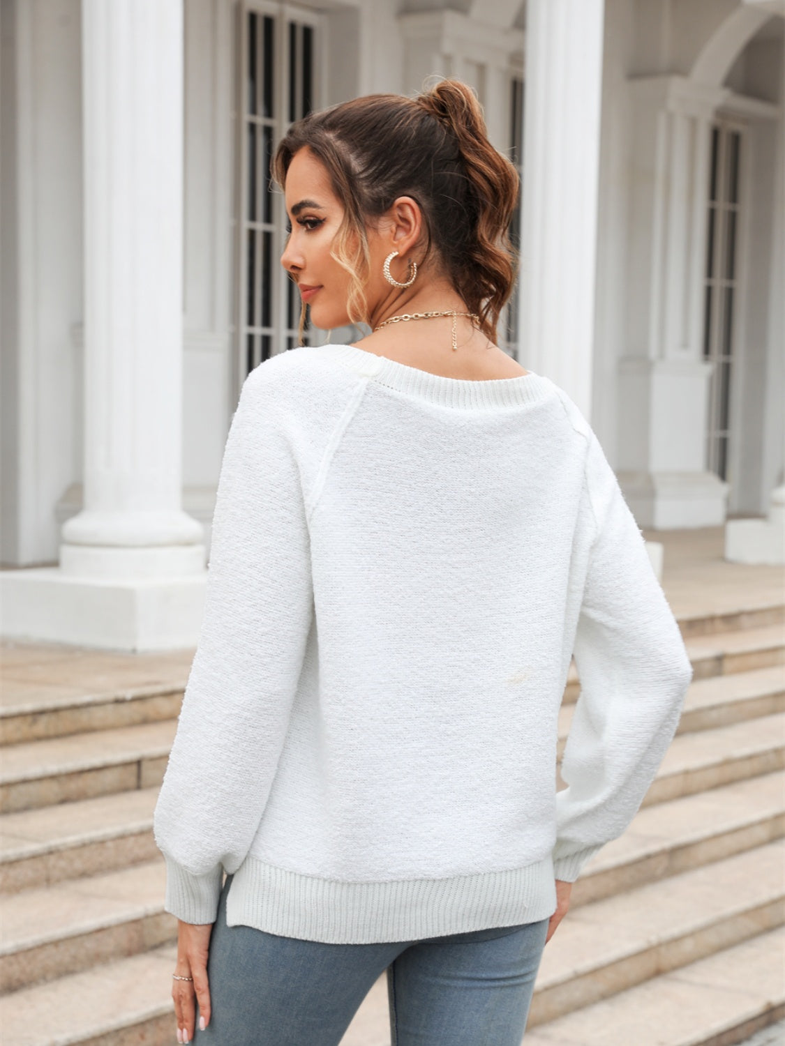 Maxct &Round Neck Ribbed Trim Sweater