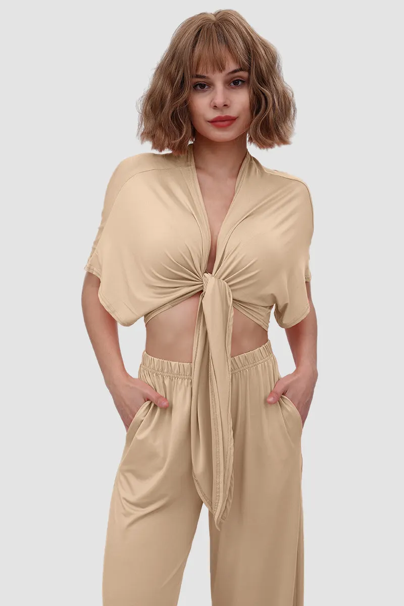 Maxct Deep V-neck Top & Elastic Wide Leg Pants