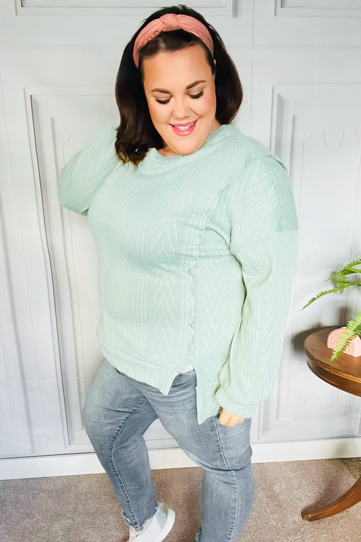 Maxct &Back to Basics Sage Jacquard Cable Pullover Top
