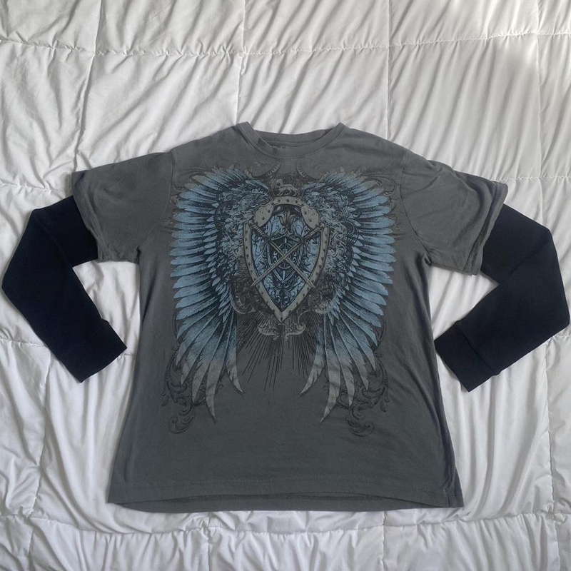 Japanese Edgy 00s Retro Gothic Emo T-shirt Cyber Y2K Grunge Mall Goth Top Patchwork Full Sleeve Baggy Pullovers Tees