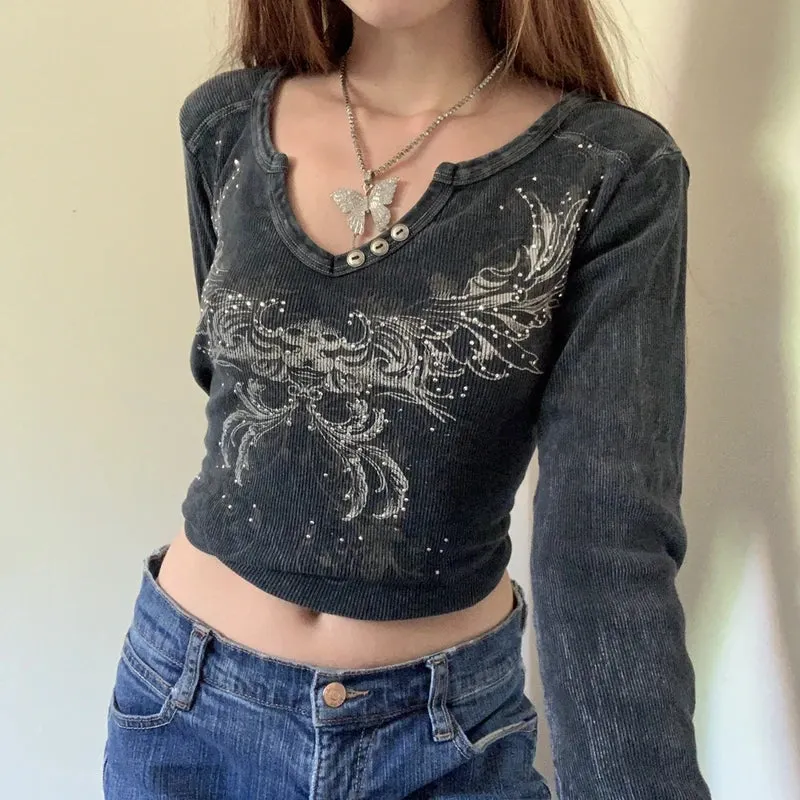 Maxct Graphics Print Y2K Retro T Shirt Indie Aesthetics Mall Goth Sweats Tees Autumn Spring Long Sleeve Crop Tops 90s Vintage Grunge