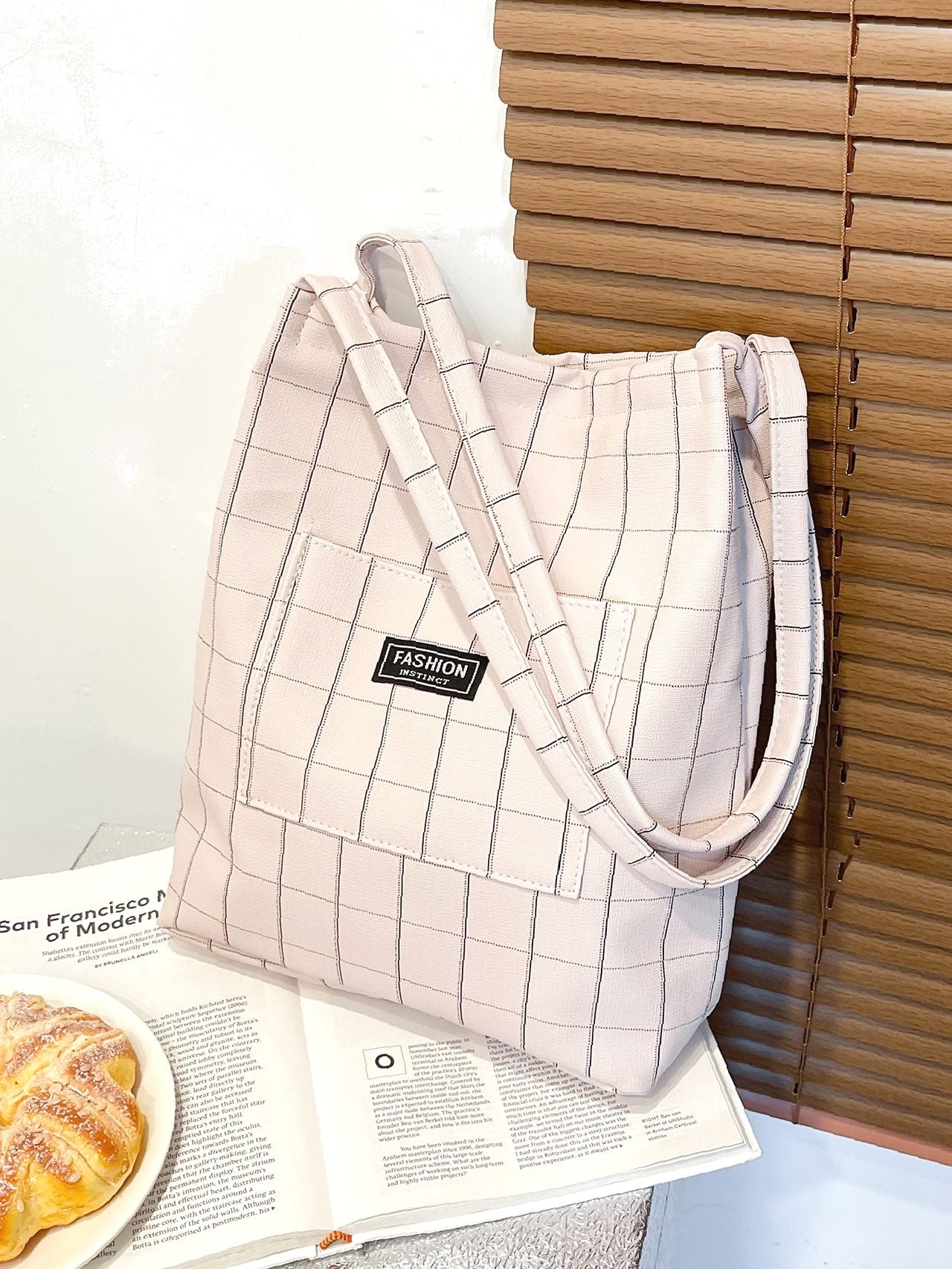 Maxct - Plaid Pattern Letter Patch Decor Shopper Bag  - Women Tote Bags