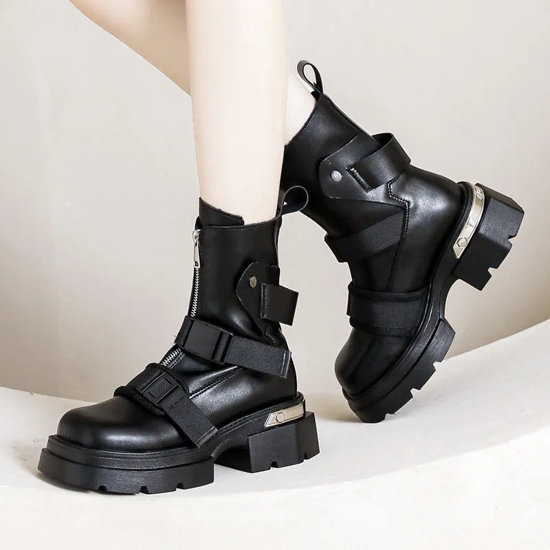 Chunky Platform Ankle Boots Trendy Belt Buckle Accent Maxct