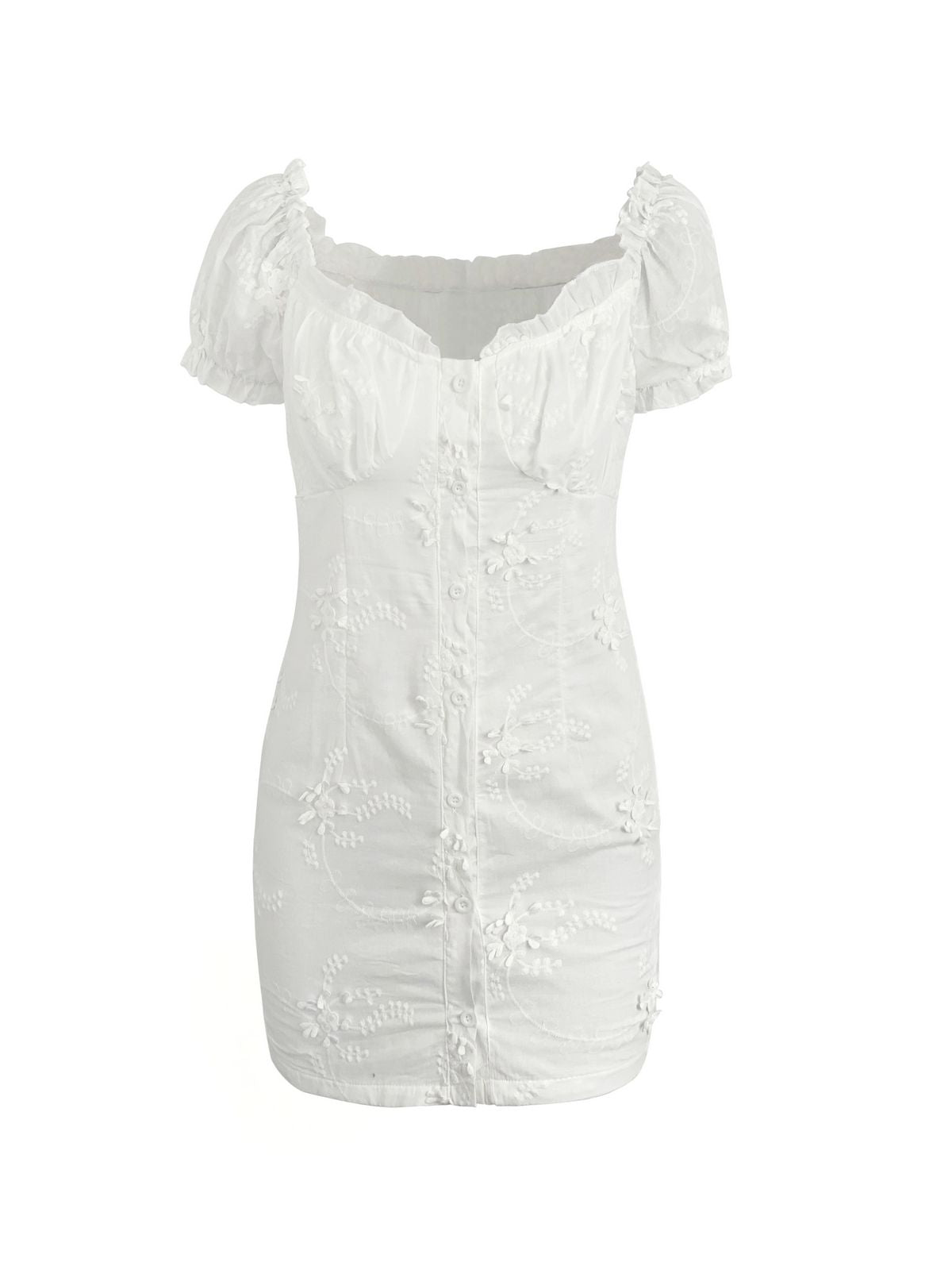 Buttoned Floral Jacquard Puff Sleeve Mini Dress Maxct