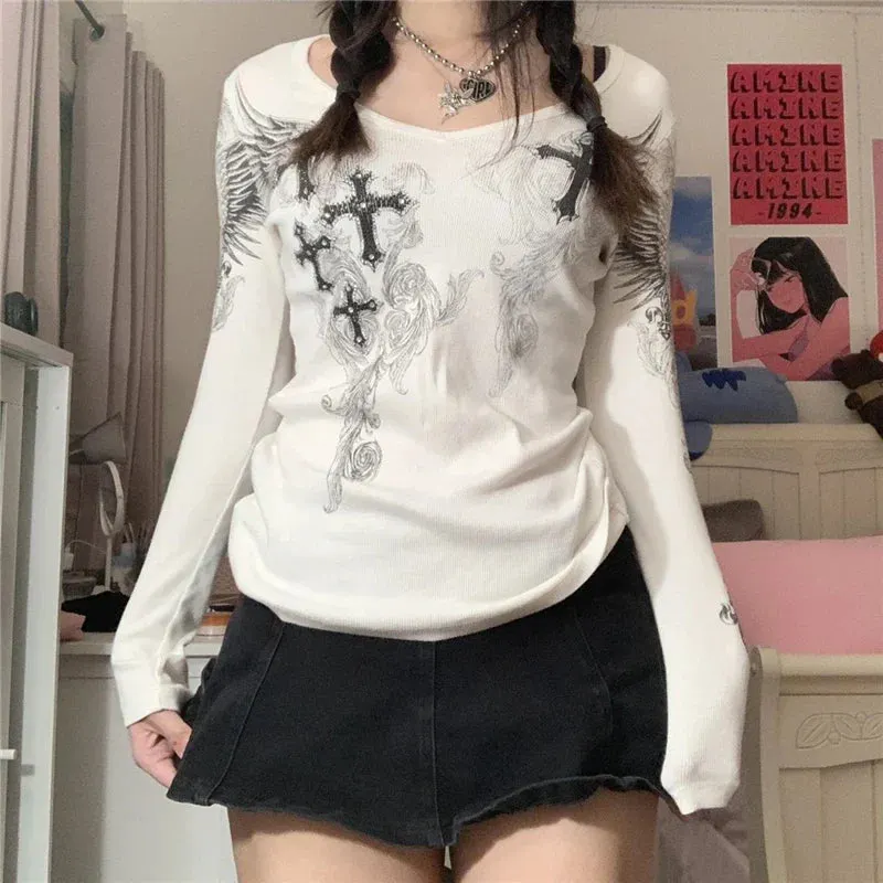 Maxct Mall Goth 2000s Retro Pullovers Tops Vintage Graphics Y2K Loose T Shirt Chic Aesthetic Autumn Long Sleeve Tees Grunge Streetwear