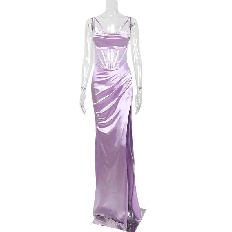 Maxct prom dresses Hot-Selling Solid Color Sling Hollow-out Back Lace-up Fishbone Waist Slit Pleated Dress