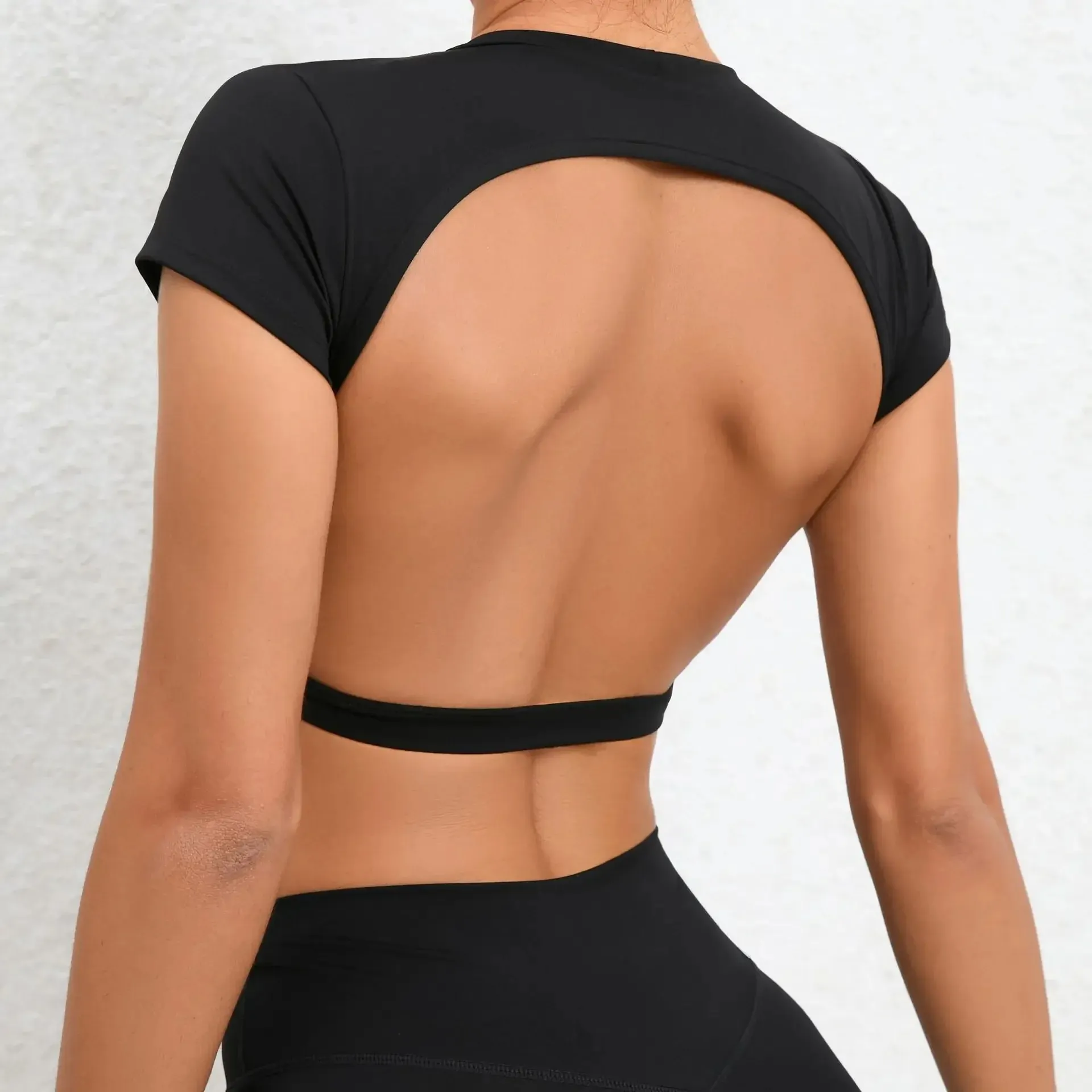 Maxct Backless Sporty T-shirt Women Sportswear Short Sleeve Crop Top for Fitness Yoga Wear Workout Clothes Female Gym Shirt Black