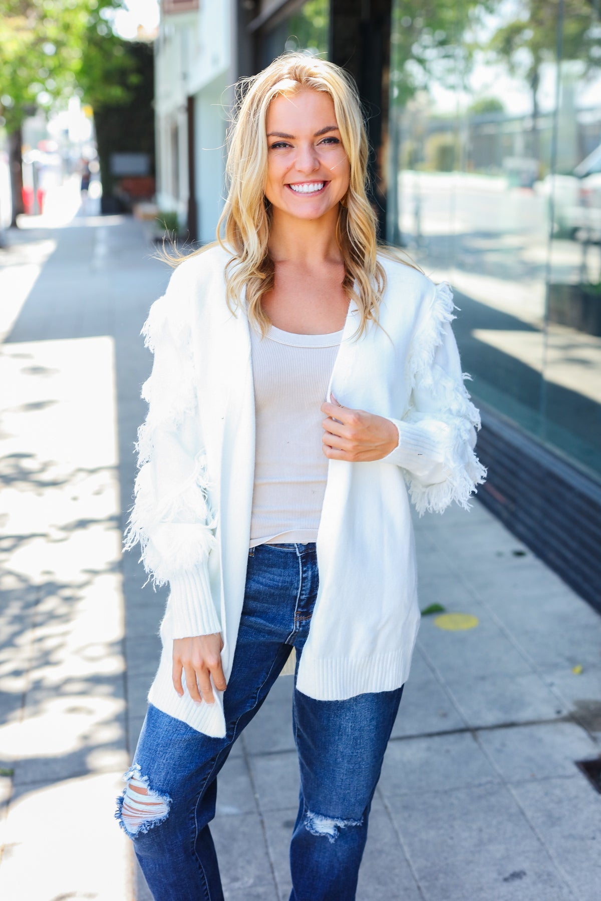 Maxct &Beautiful You Ivory Fringe Detail Knit Cardigan