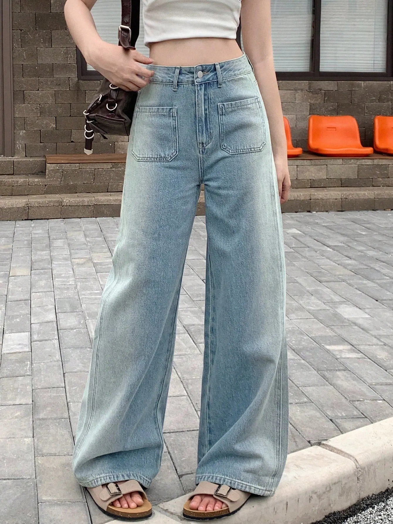 Maxct Women Casual Wide Leg Denim Pants With Pockets For Daily Wear