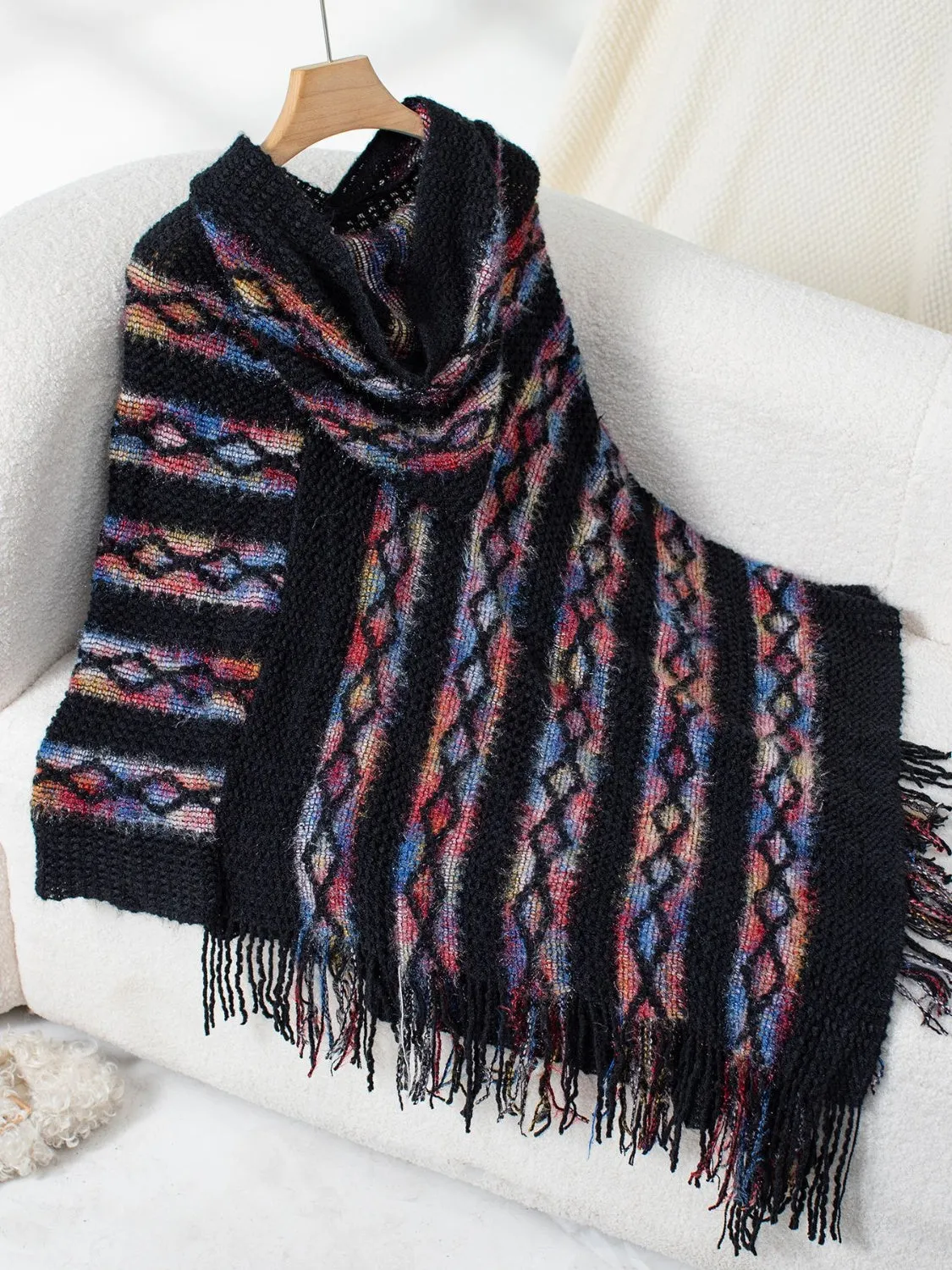 Maxct &Fringe Contrast Hooded Poncho