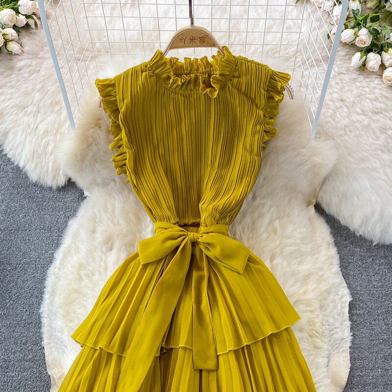 Women's Purple/Pink/Green Draped Dress Vintage Ruffle Stand Collar Sleeveless High Waist Party Pleated Vestidos Female New
