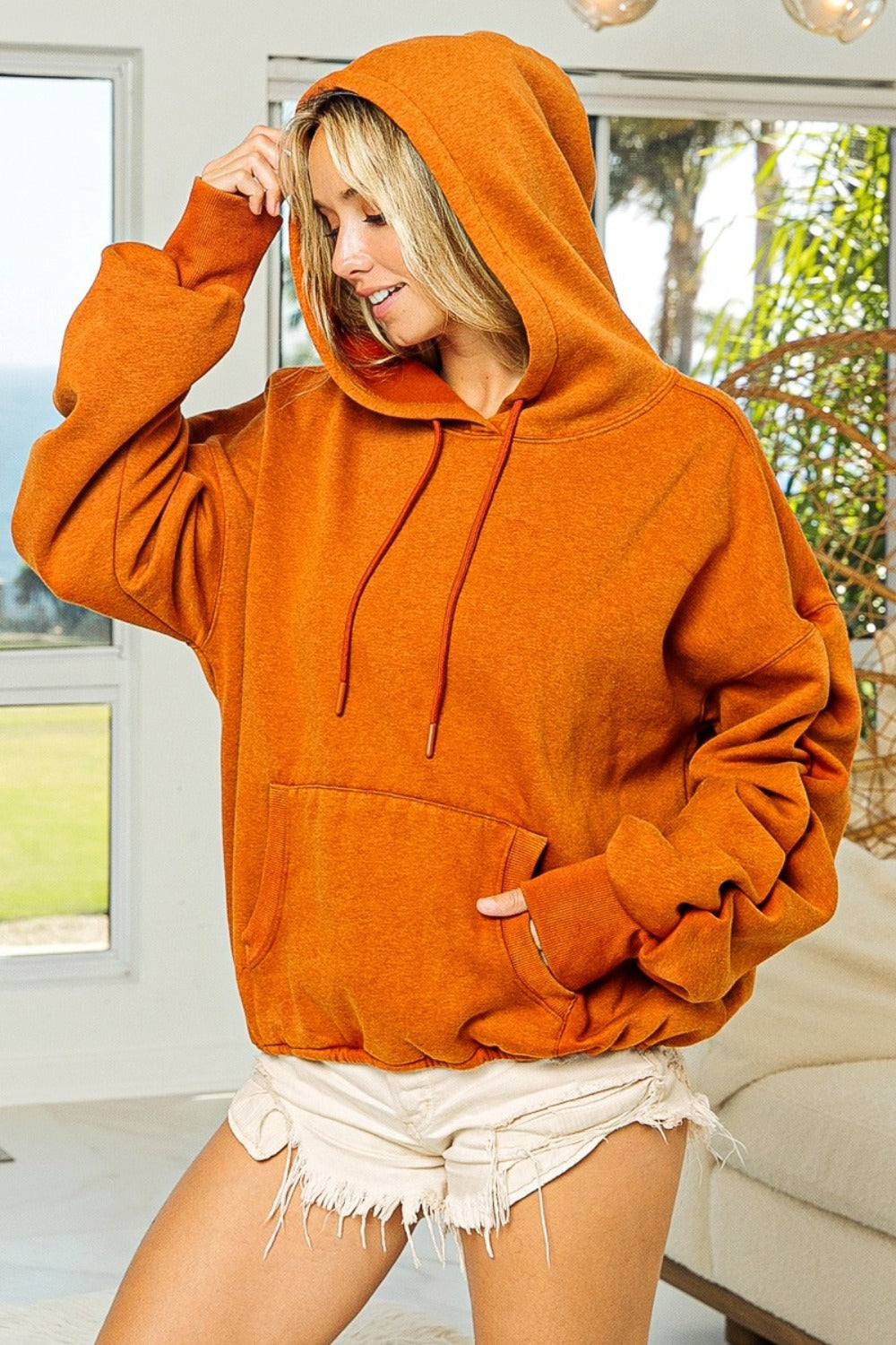 Maxct &BiBi Ruched Long Sleeve Washed Fleece Hoodie