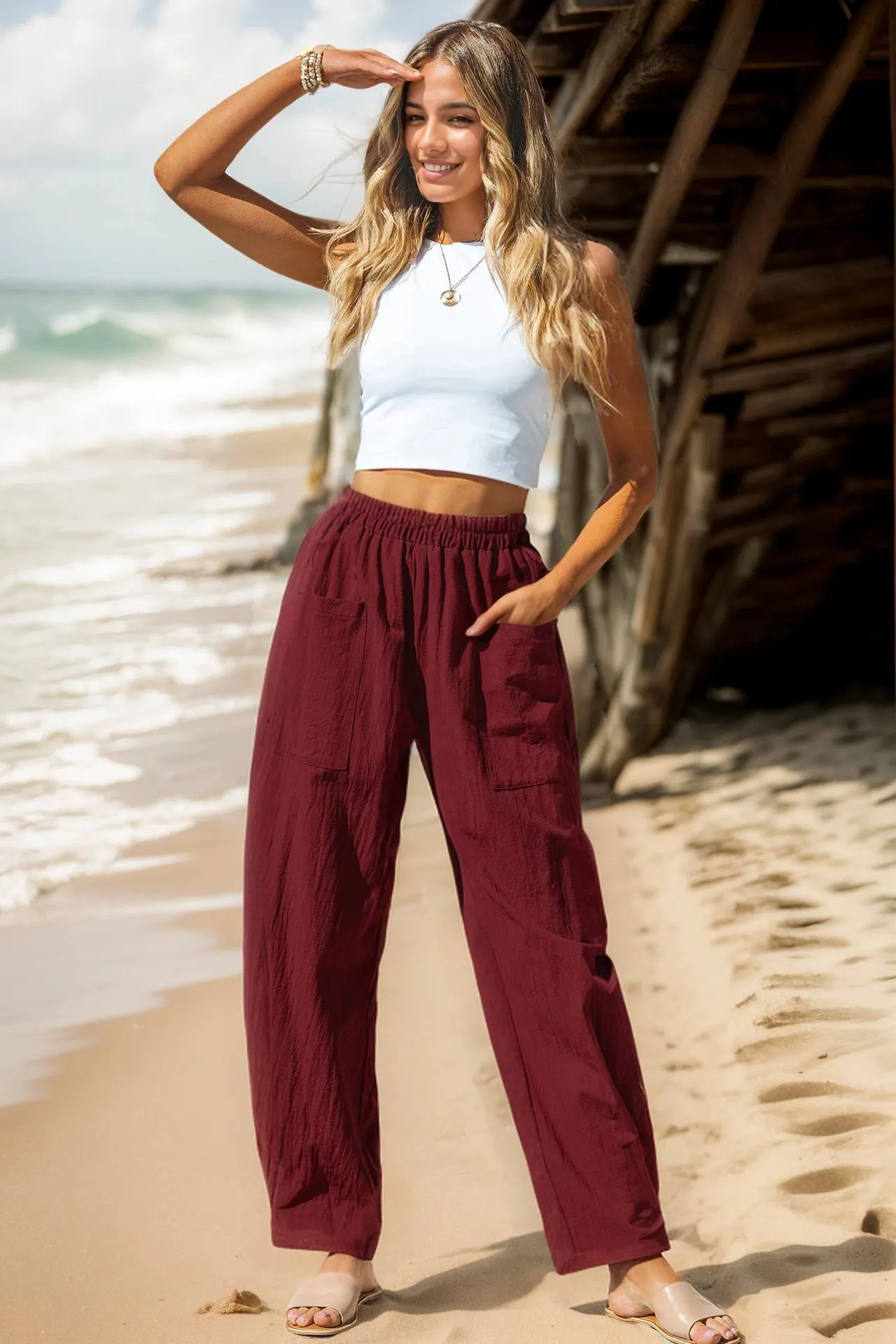 Cotton Linen Solid Color Elastic Wasit Pocket Harem Pants