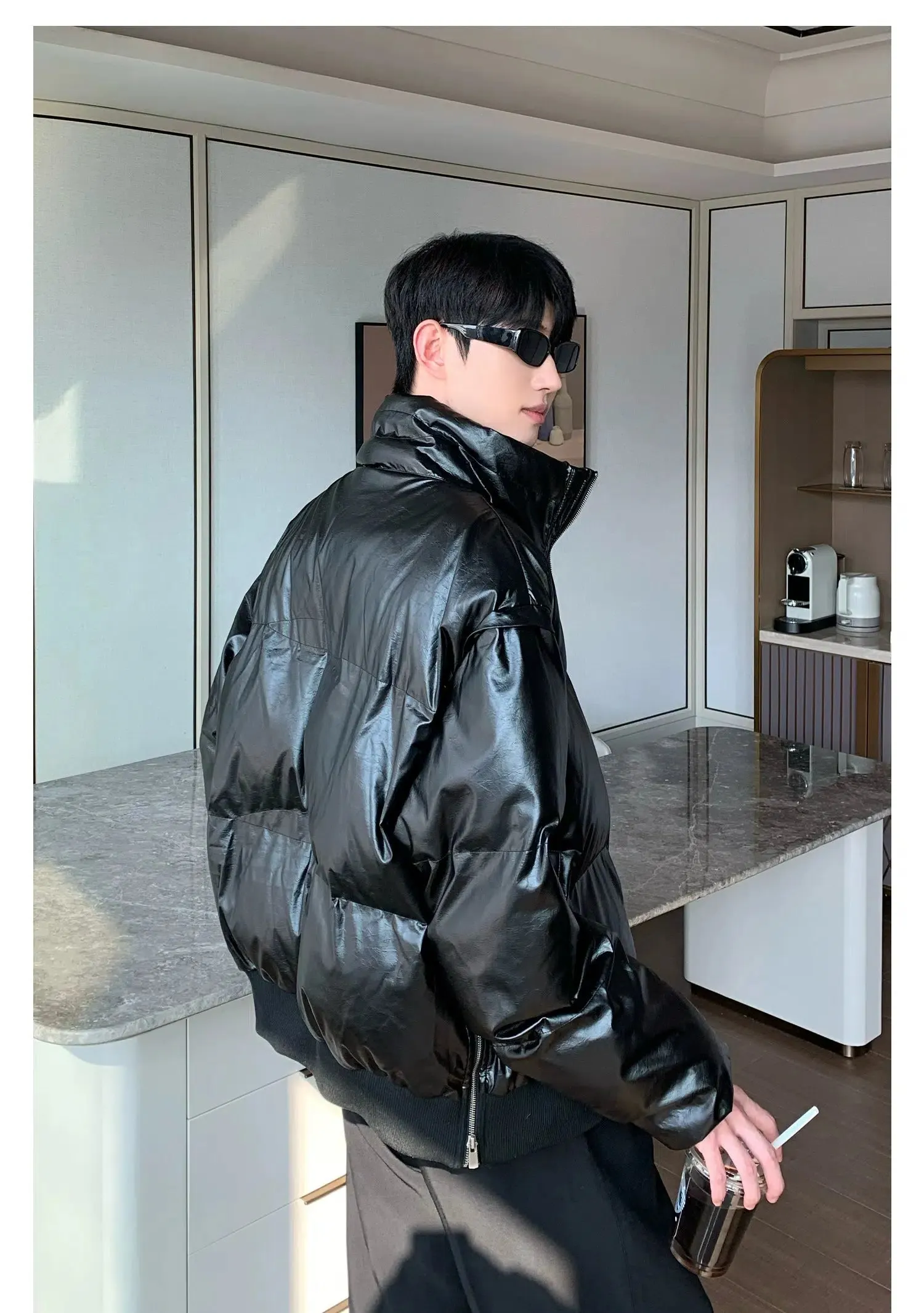Maxct Cotton-filled Stand-up PU Leather Jacket