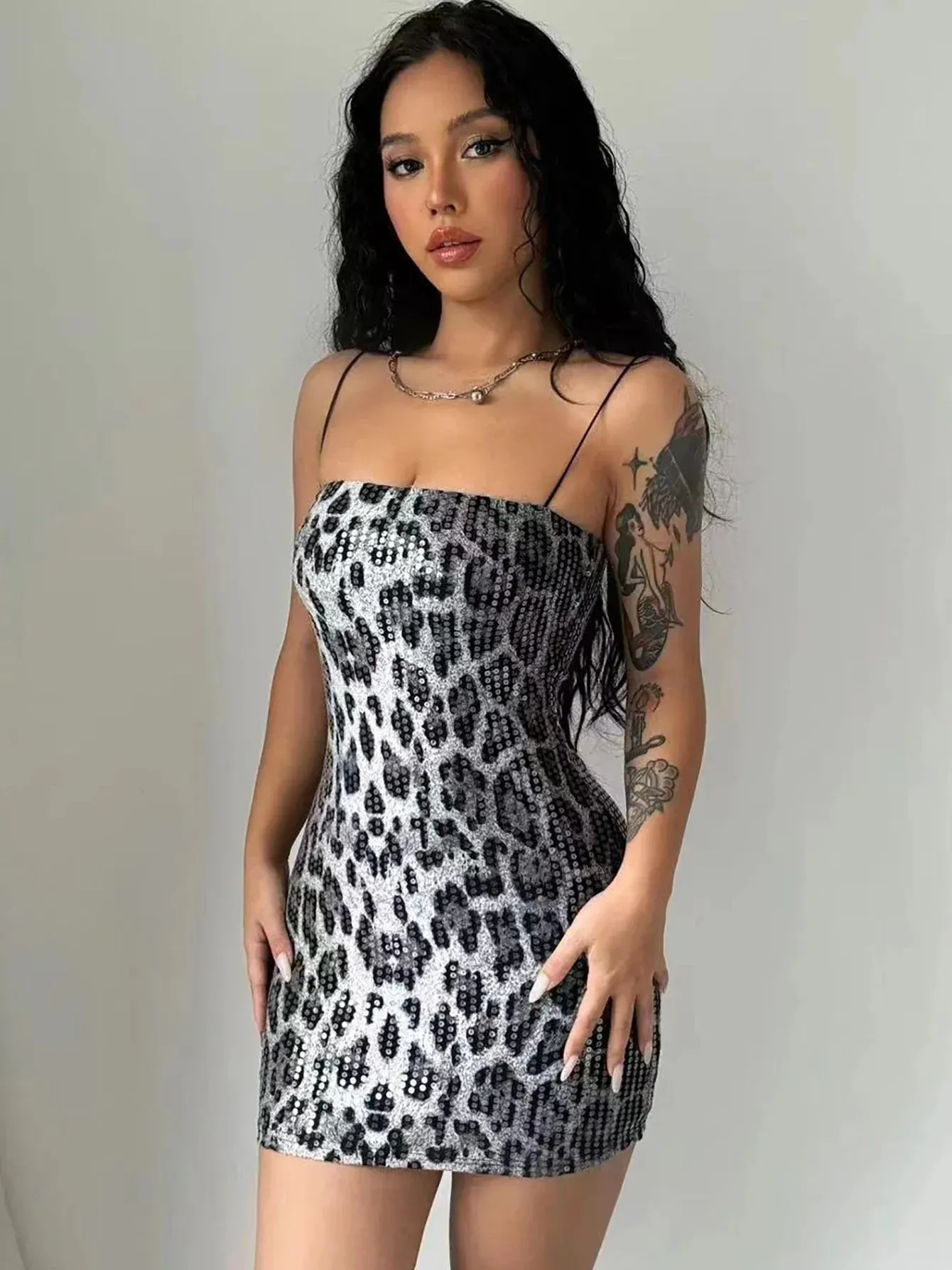 Leopard Print Spaghetti Shoulder Strap Square Collar Mini Dress Sparkly Sequins Party Club Y2K Clothes Maxct