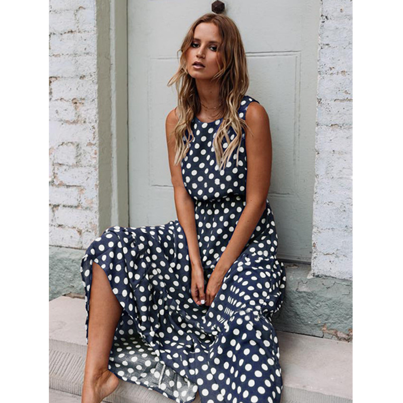 Maxct Sleeveless Polka Dot Print Women Midi Dress Casual Fashion Dresses A-Line Boho Elegant Beach Long Dress Vestidos