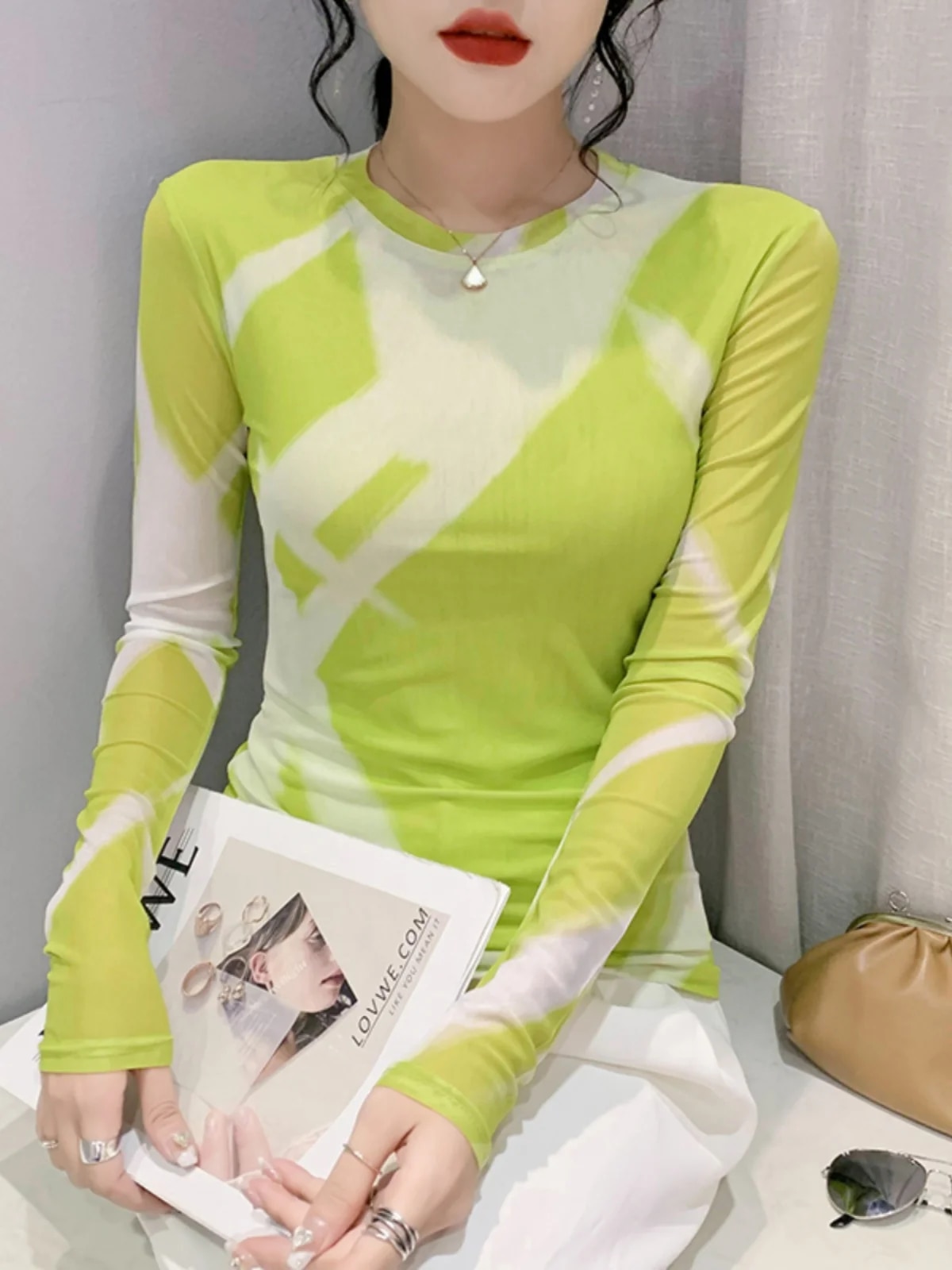 Maxct Fashion Printing Long-Sleeved Round Neck T-shirt Women Contrast Color Slim Double-Layer Mesh Tees Tops