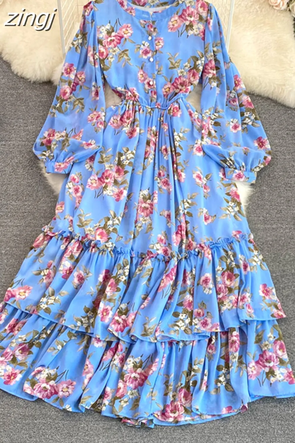 Maxct Vintage Floral Chiffon Long Dress Elegant O-Neck Puff Sleeve High Waist A-Line Ruffle Hem Vacation Beach Maxi Vestidos