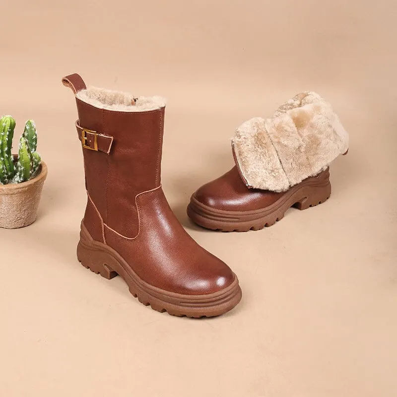 Womens Retro Mid Calf Boots Shearling Lined for Cold Winter Snow Boots Maxct