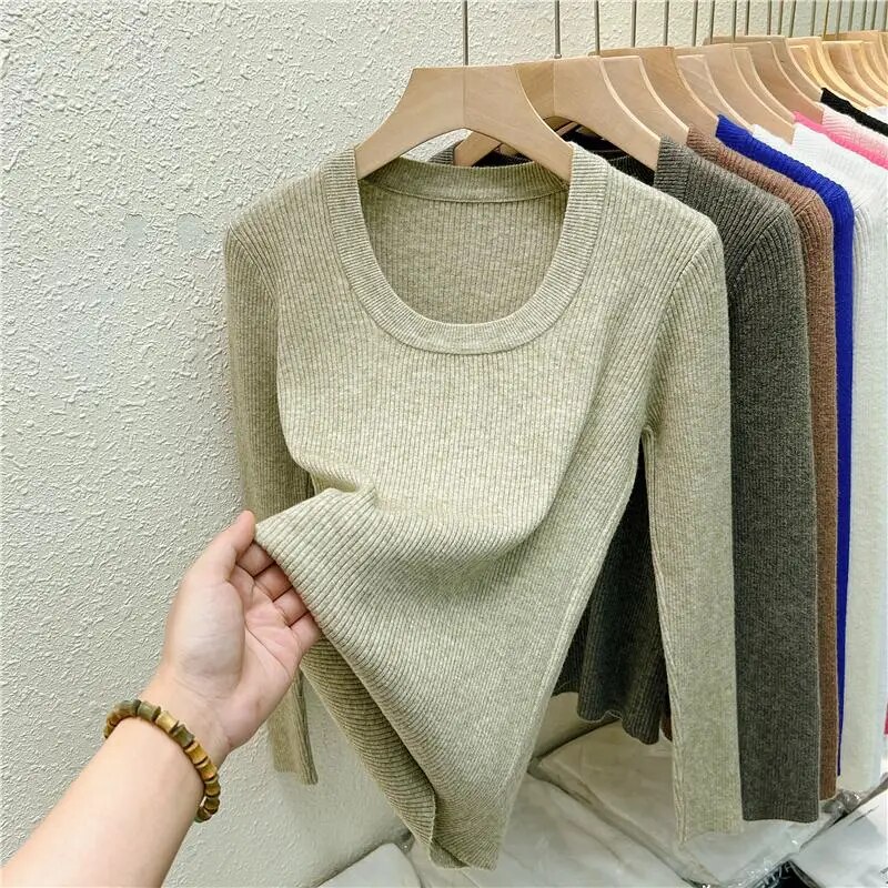 Maxct Photos U-neck Knitted Sweater For Women's Autumn Long Sleeved Top Girls Simple Base Jumper GT8311