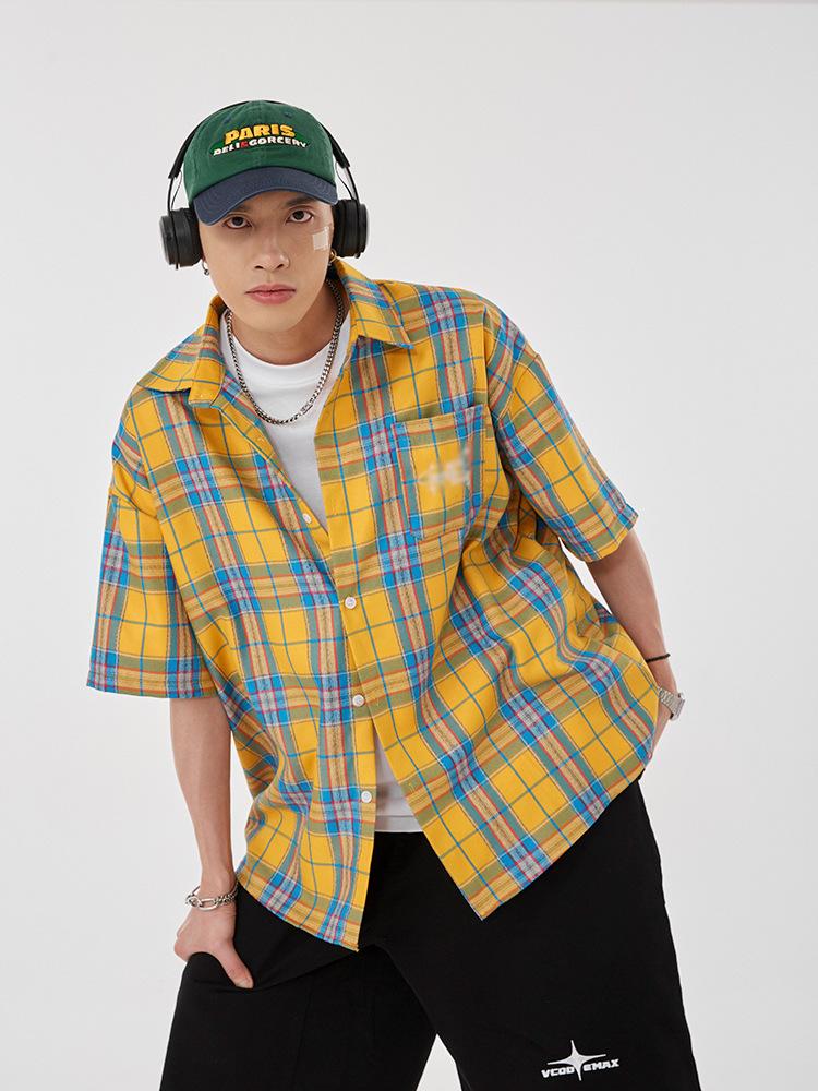 Maxct 90s Streetwear Fashion Retro Contrast Color Plaid Shirt Women's Summer New Letter Embroidered Design Casual Half Sleeve Coat Top