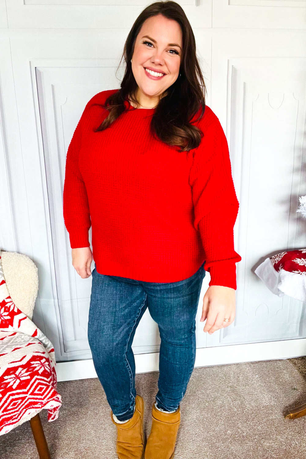 Maxct &All Present Christmas Red Waffle Knit Hi-Low Sweater