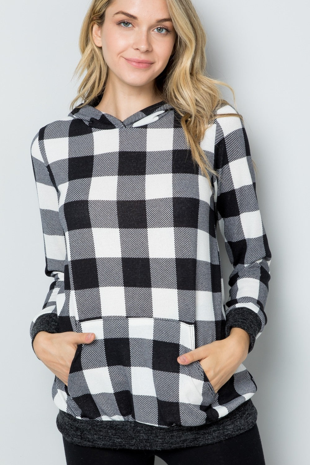 Maxct &Celeste Full Size Contrast Plaid Long Sleeve Hoodie