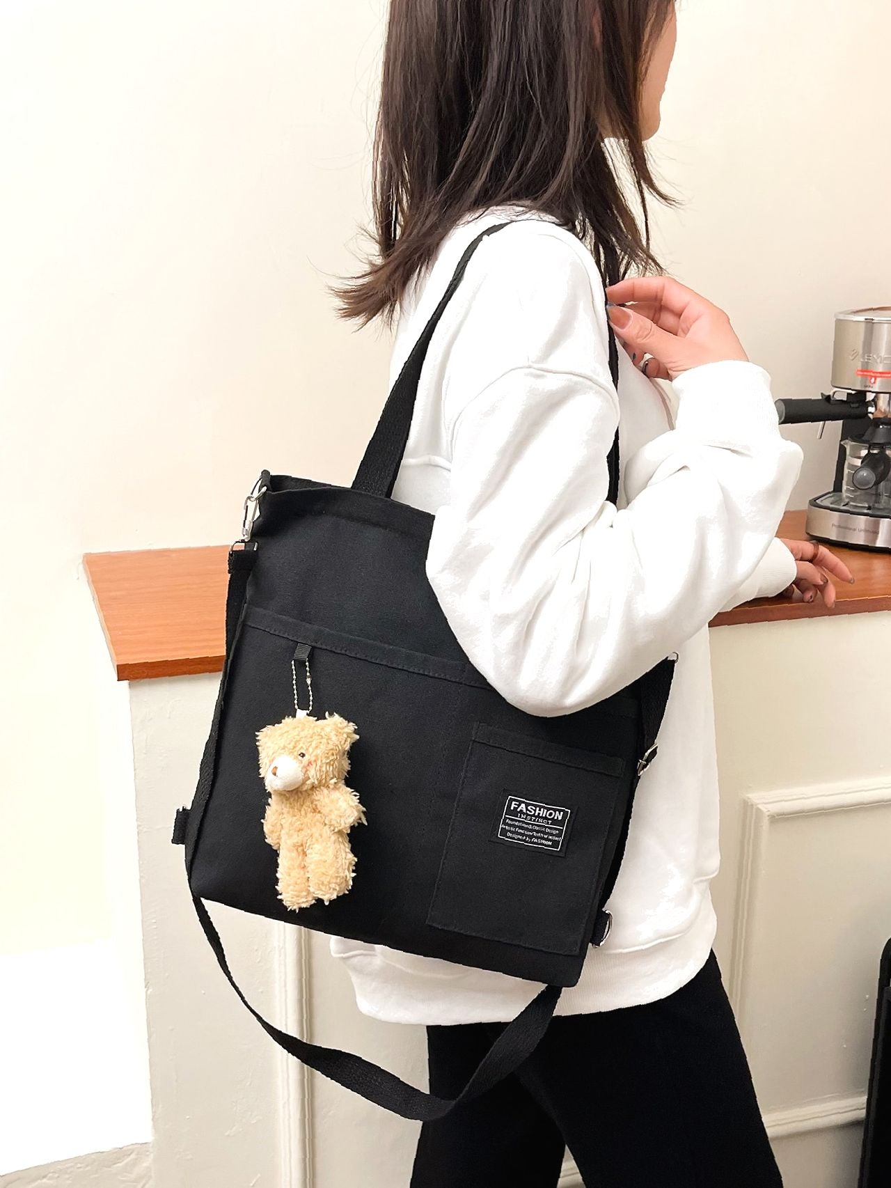Maxct - Letter Graphic Shopper Bag with Bag Charm  - Women Tote Bags