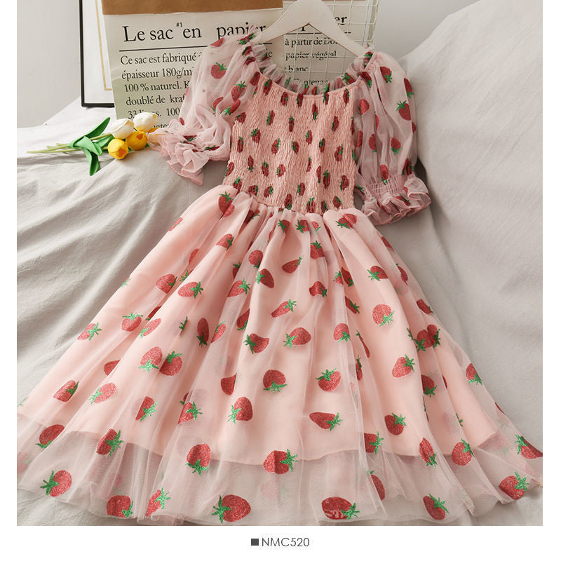 Strawberry Printed Elegant Chiffon Transparent Dress Maxct