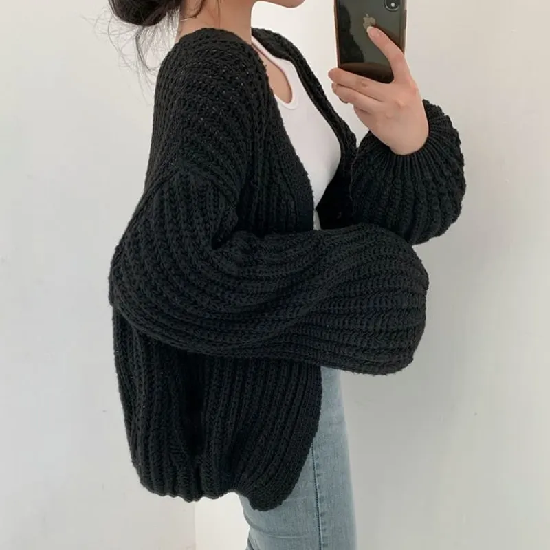 Maxct Vintage Harajuku Lantern Sleeve Women Cardigan Sweater Casual Korean Fall Streetwear Tops Coat Chic Lazy Wind Y2k Sweater