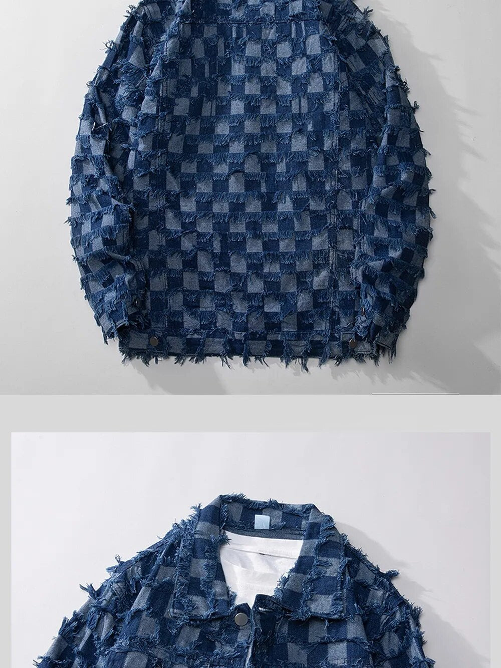 &Men's Retro Blue Plaid Tassel Denim Jacket