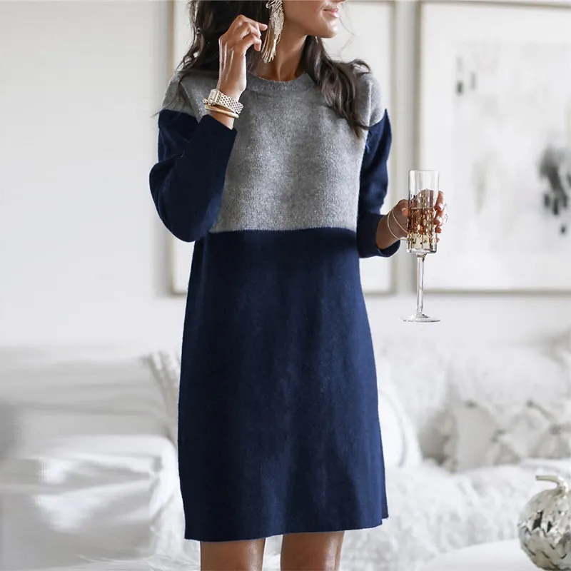 Maxct Autumn Winter Round Neck Vintage Patchwork Knitting Dress Women Loose Casual Straight Dresses Robe Femme Vestidos De Fiesta
