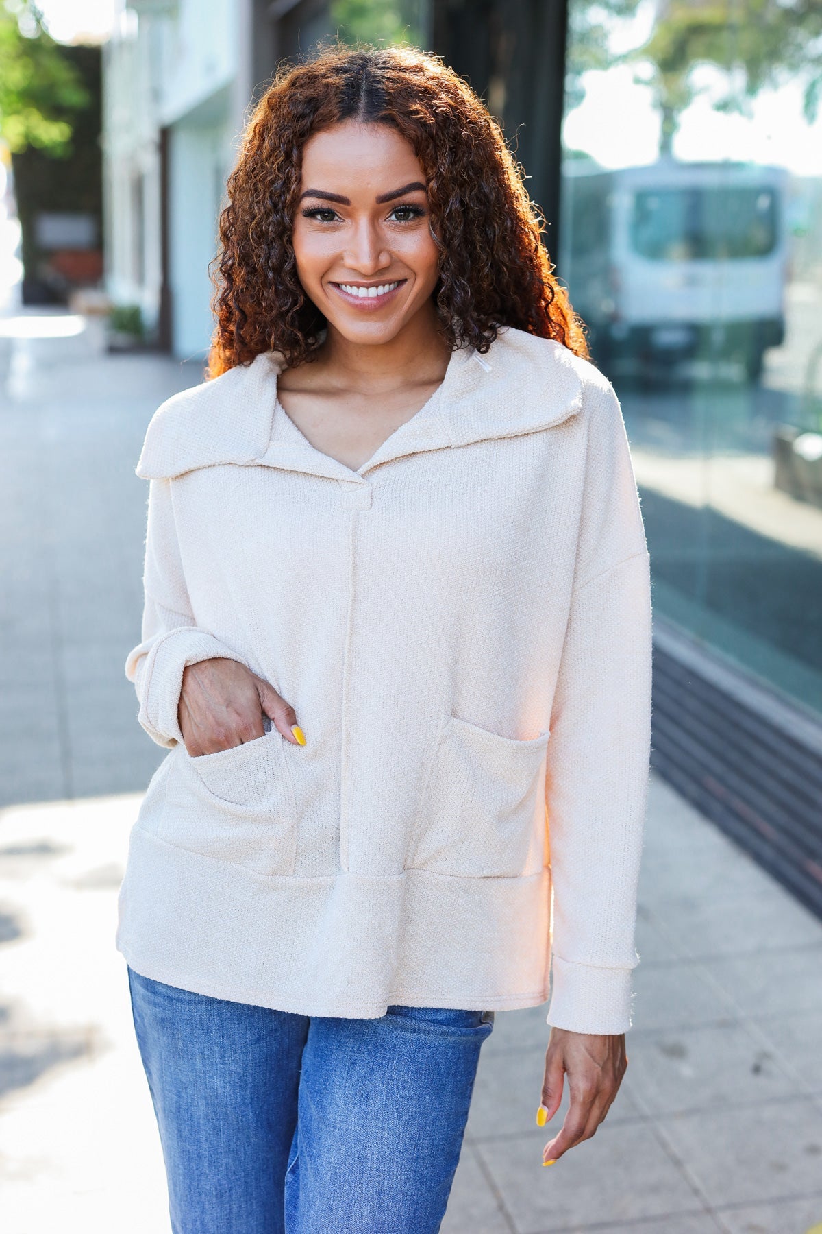 Maxct &Easy Living Oatmeal Textured Knit Notch Neck Oversized Collar Sweater