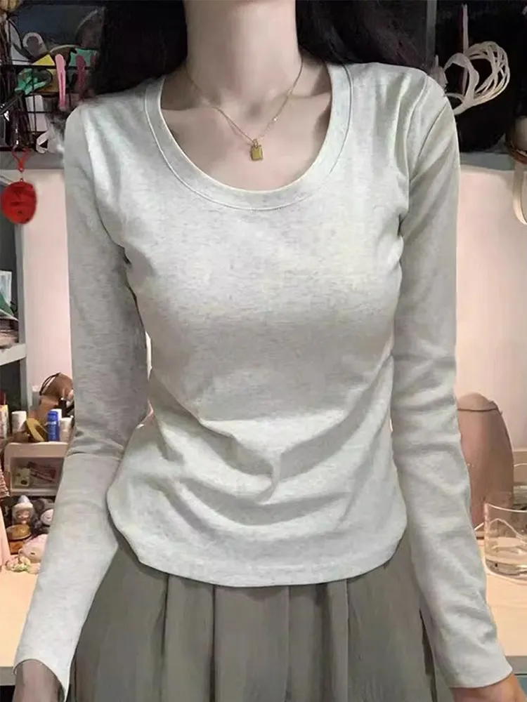 Maxct Shoulder T-Shirt Women's Spring and Autumn Outer Wearing Tight Waist Slim-Fit Pure Cotton Winter Inner Base Shirt New Long Sleeve Top