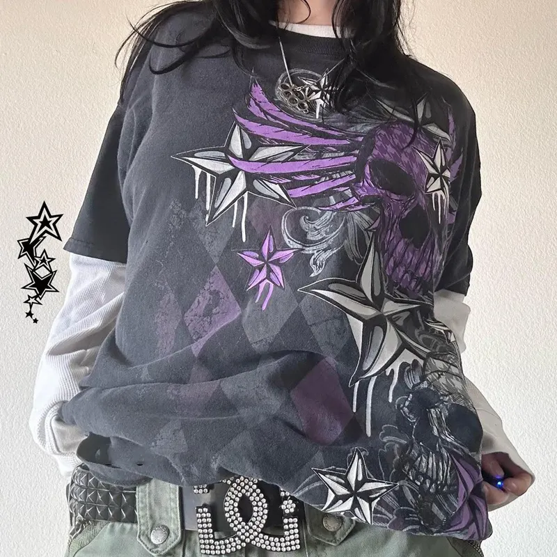 Japanese Edgy 00s Retro Gothic Emo T-shirt Cyber Y2K Grunge Mall Goth Top Patchwork Full Sleeve Baggy Pullovers Tees