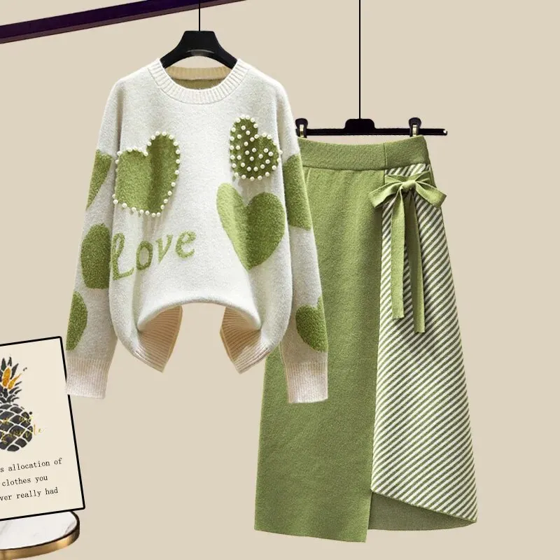 Maxct Lazy Sweater Two Piece set Women Sweet Heart-shaped beaded Pullover Jumper Top + Irregular Striped Skirt Knit 2PCS Sets