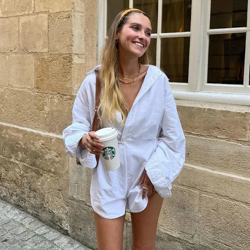 Maxct Autumn New Long Sleeves Shirt Playsuits For Women Loose Casual Patchwork High Waisted Pants Solid Rompers Female Outfits
