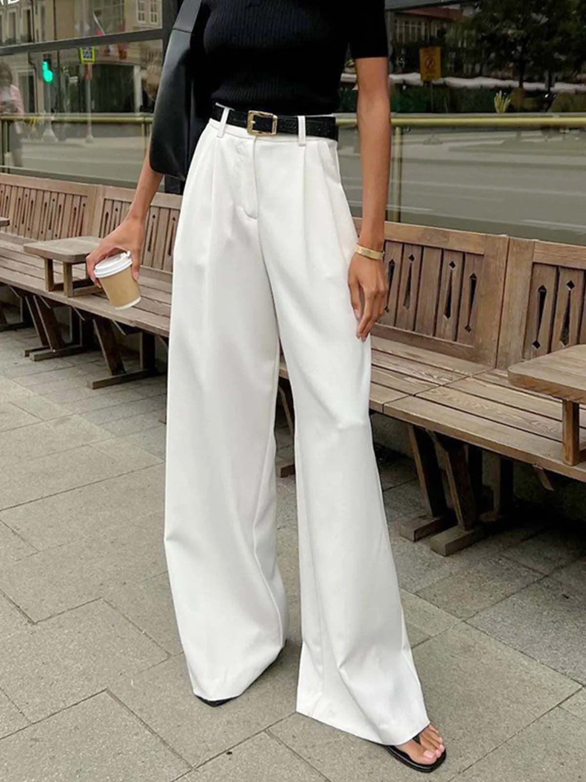 Maxct Solid Wide Leg Pants Without Belt