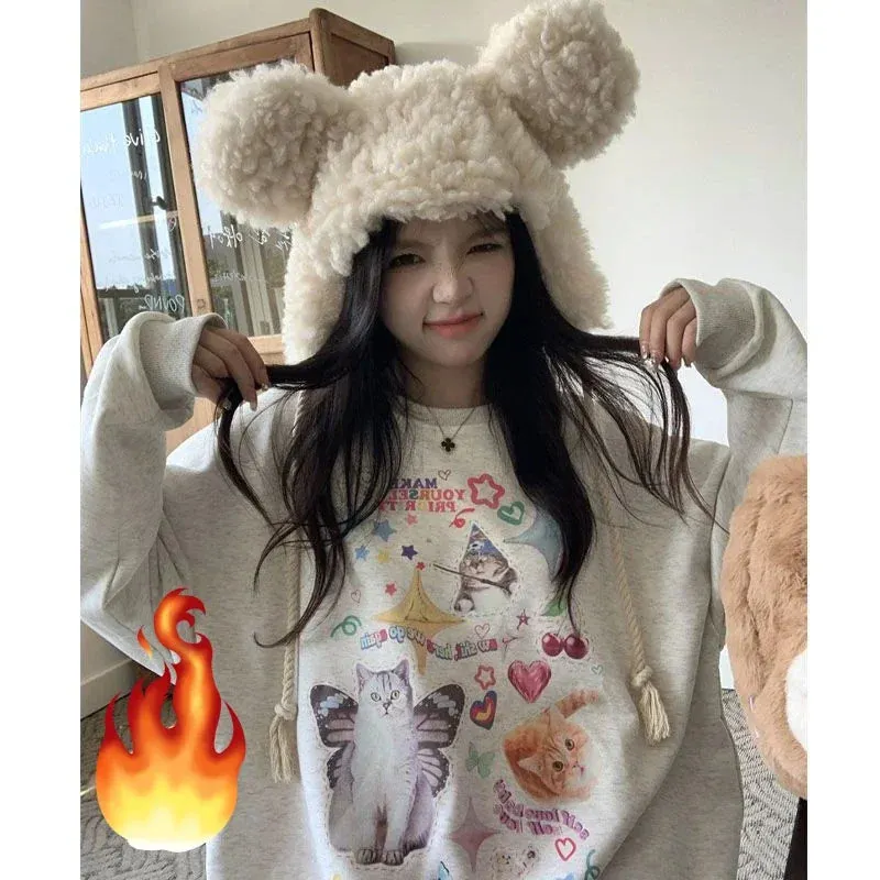 Maxct Kawaii Cat Print Hoodie Women Cutecore Long Sleeve Sweatshirt American Retro E-girl Kitten Angel Graphic Alt Clothes Y2k