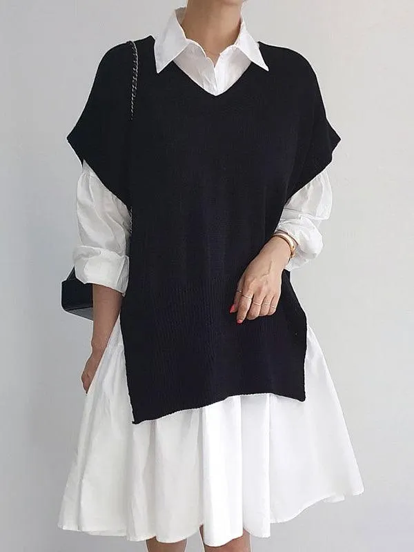 Maxct Split Knit Vest + Lapel Long Sleeve Shirt Dress