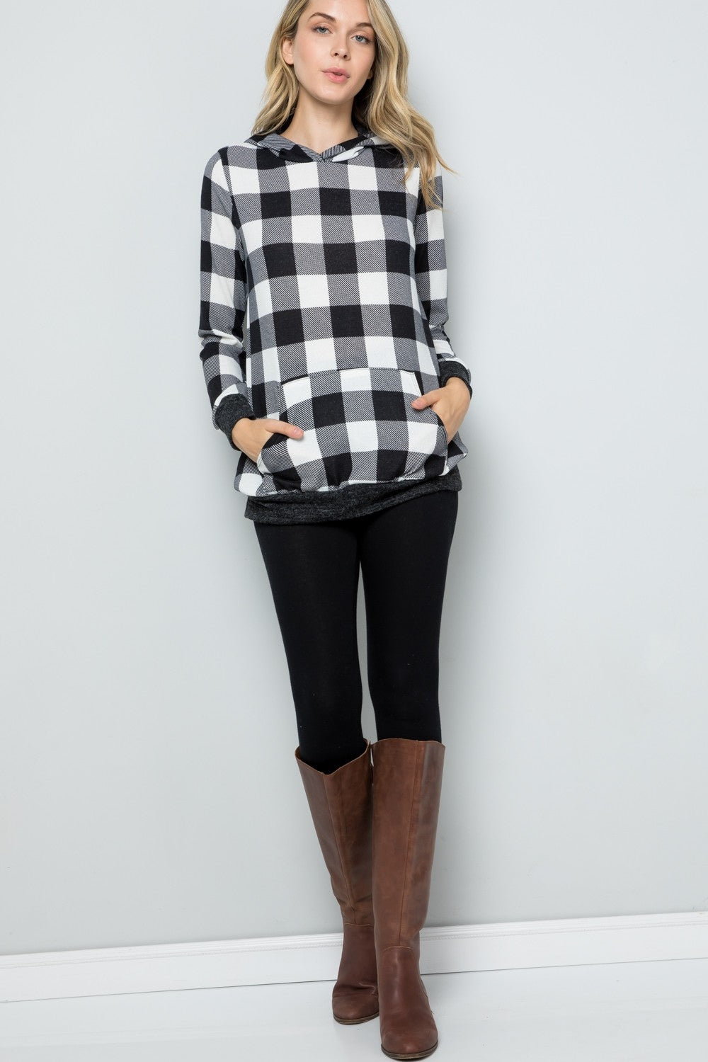 Maxct &Celeste Full Size Contrast Plaid Long Sleeve Hoodie
