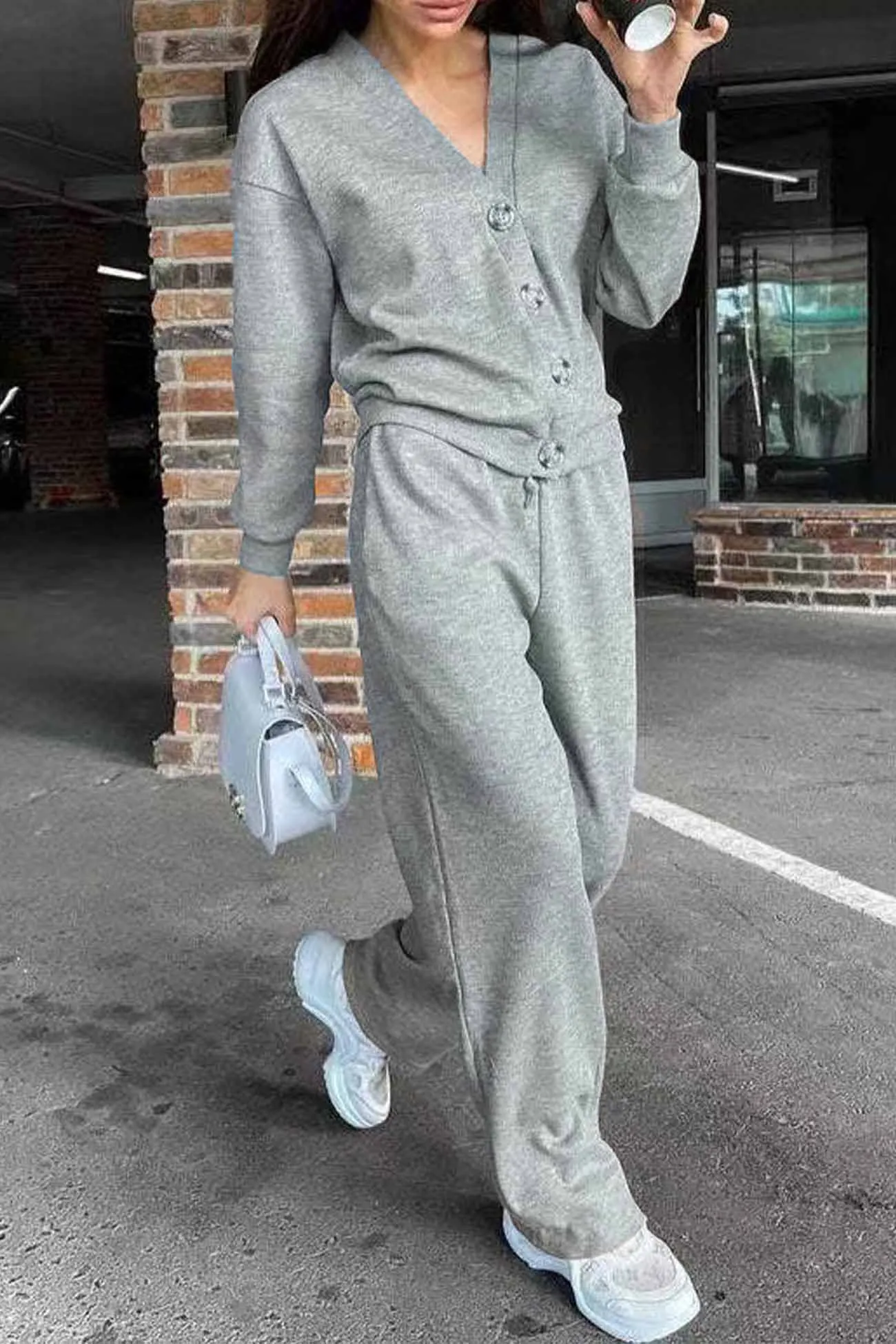 Maxct Solid Color Button Down Cardigan Long Pants Set
