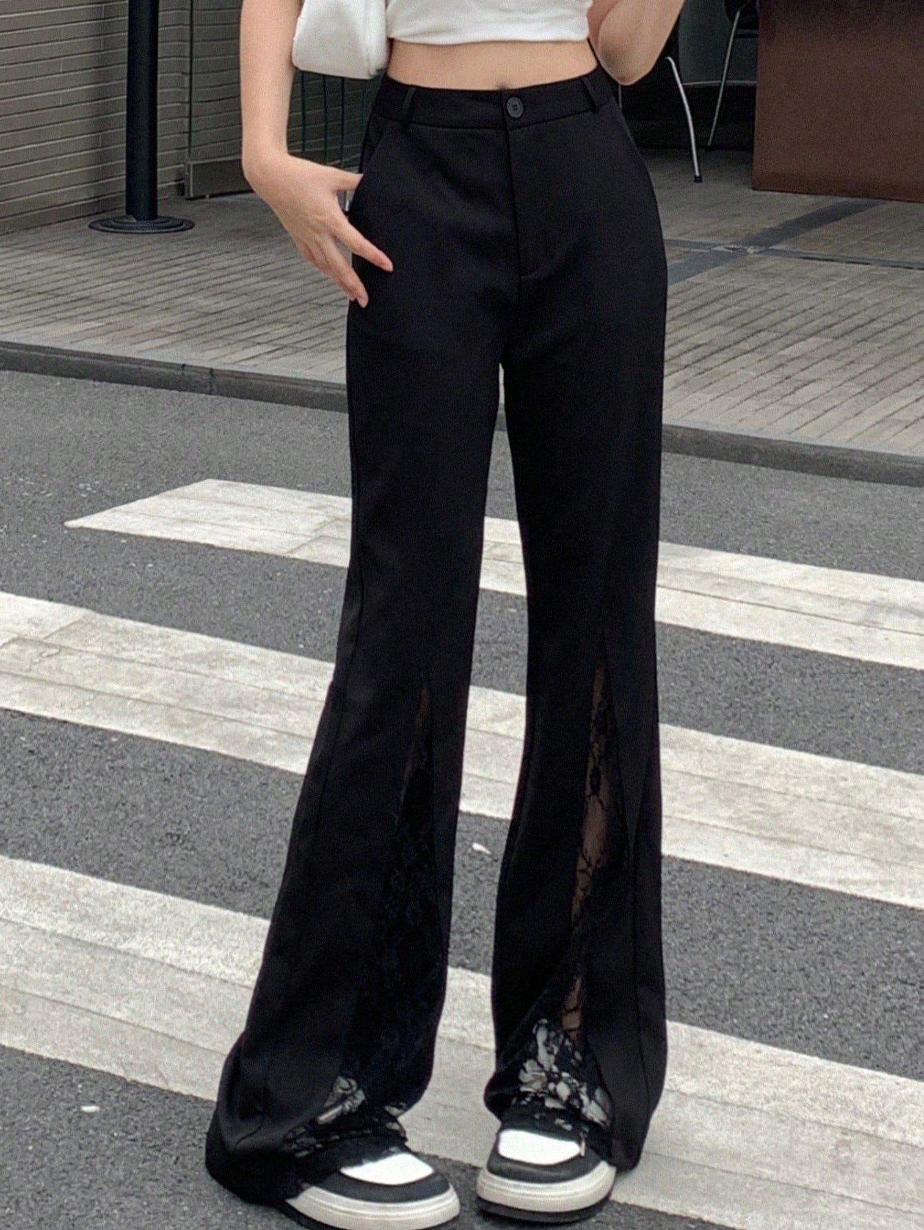 Maxct Women's Lace Splice Fashionable Daily Wear Suit Pants Wide-Leg Trousers