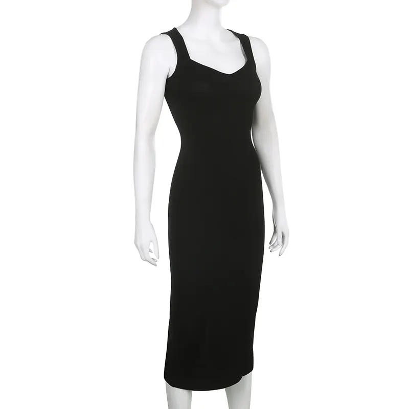 Basic Knit Long Dress Korean Square Collar Sleeveless Dresses Casual Y2k Vintage All-match Outftis