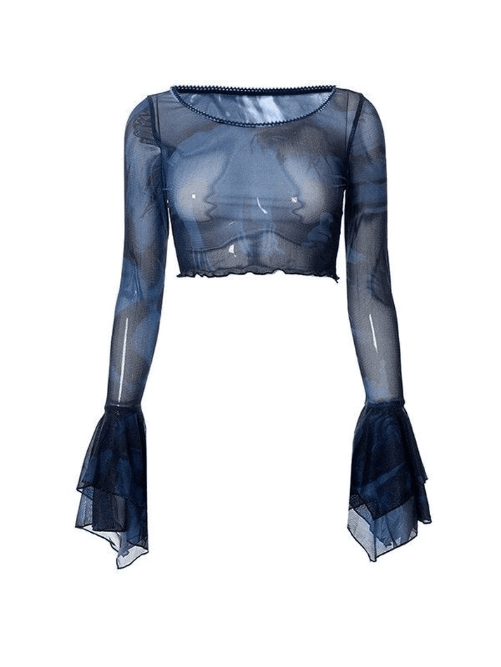 Maxct Cropped Flare Cuffs Mesh Blouse