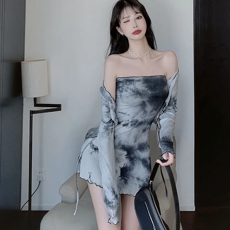Maxct Set Autumn Tie-dye Design Sense Tube Top Dress Women Fashion Cardigan Top Two-piece Suit