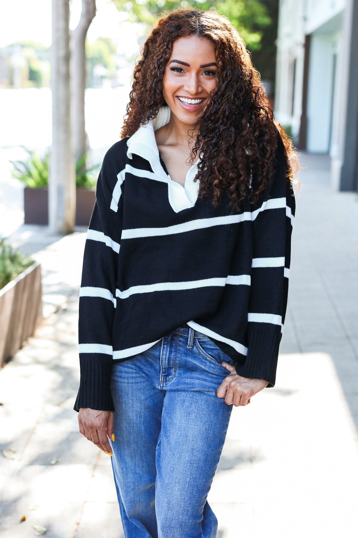 Maxct &Fall For You Black Stripe Notched Neck Collared Oversized Sweater