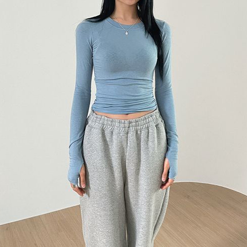 Chic Fashion Elegant Slim Fit Crop Tops Women Clothes Casual Solid Color Basic Tees Autumn Spring O Neck Long Sleeve T-shirt